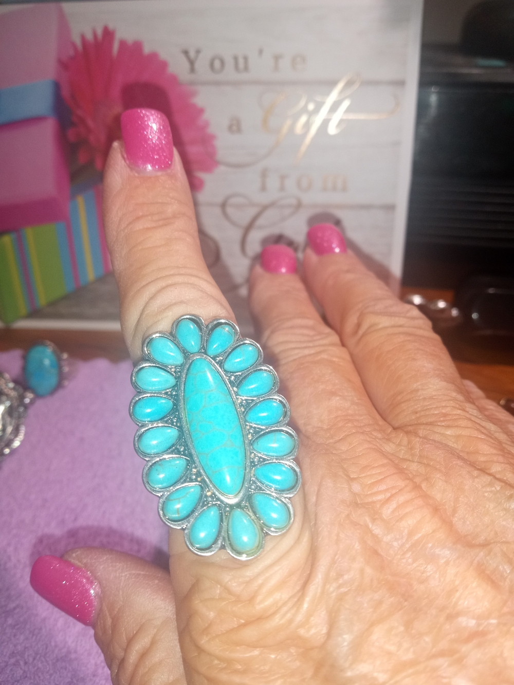 Turquoise Faux Cluster Statement Ring - Blue Silver Tone